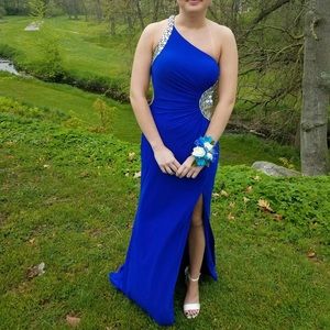 Blue satin Prom Dress with crystal beading